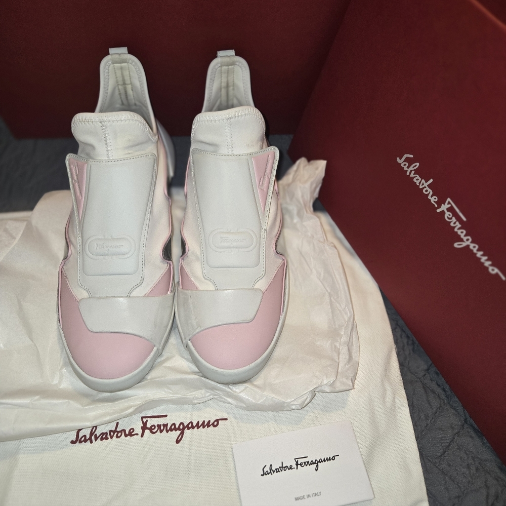 Ferragamo Nile Neoprene leather women's Sock sneakers Pink and white 8.5/ 39 - Picture 8 of 14